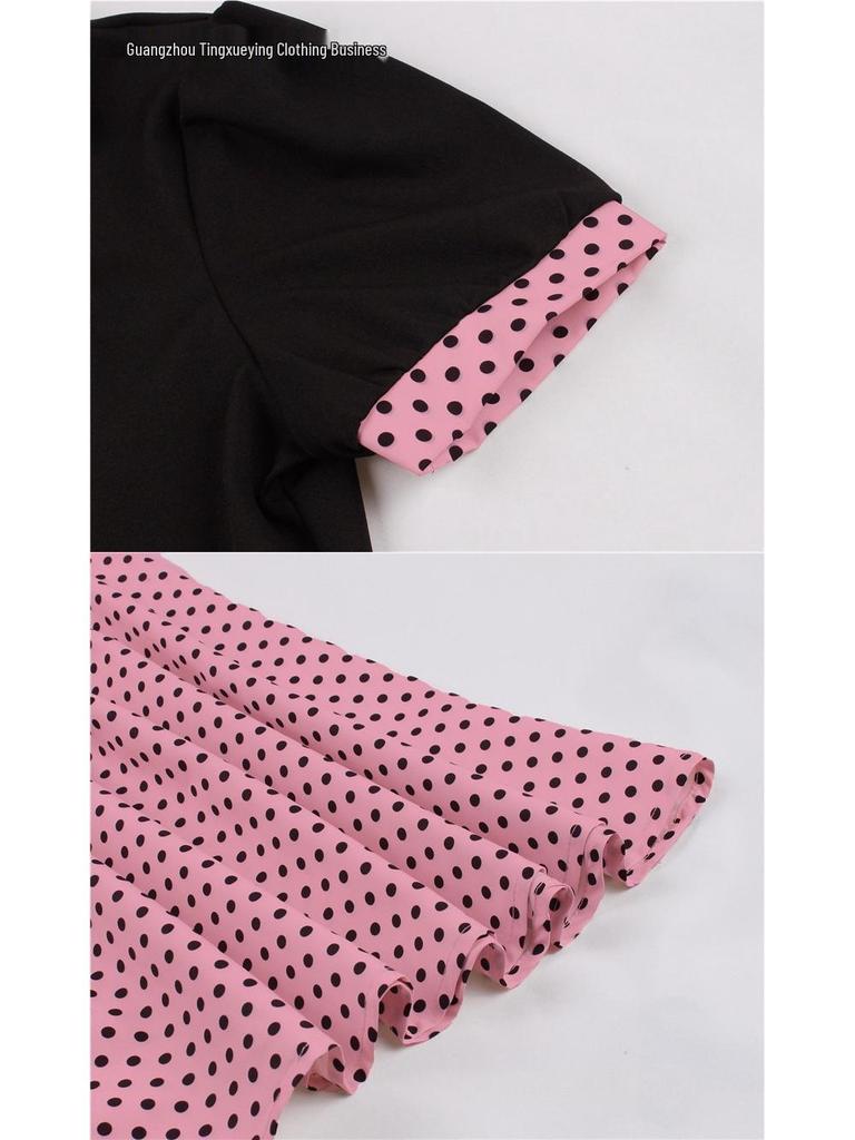 Stippen Revers Korte Mouwen Met Riem Afslankende Jurk voor Dames - Lente/Zomer Mode