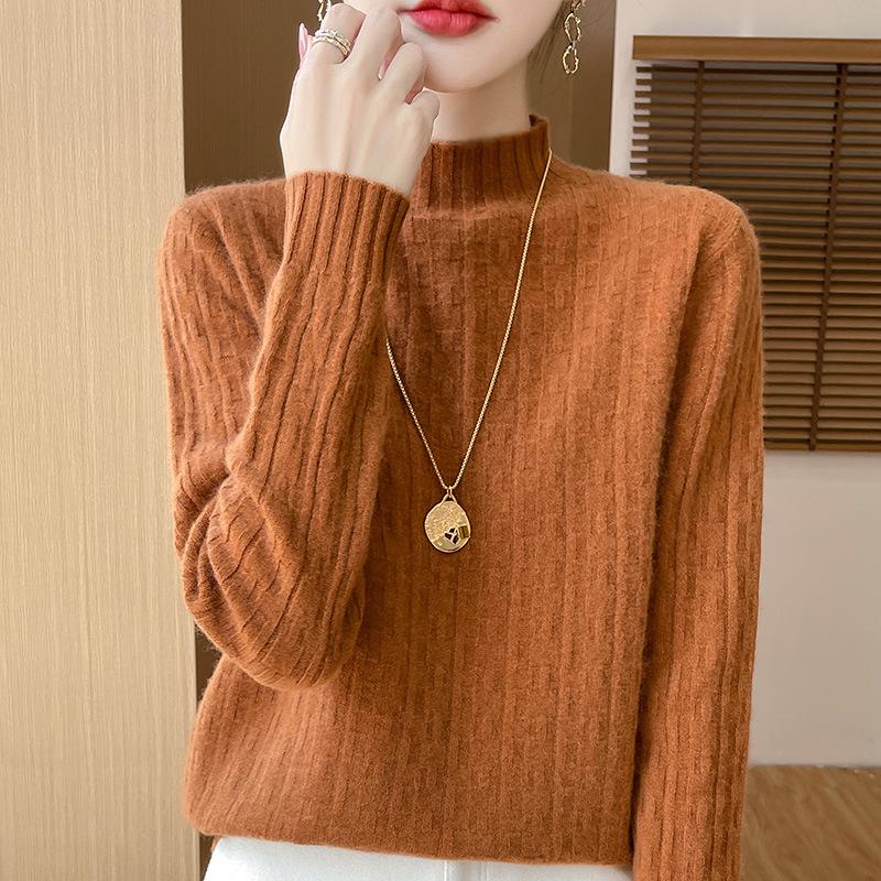 Women's Versatile Solid Color Wool Knit Sweater - Loose Half-High Collar, Long Sleeve Autumn & Winter Base Layer.