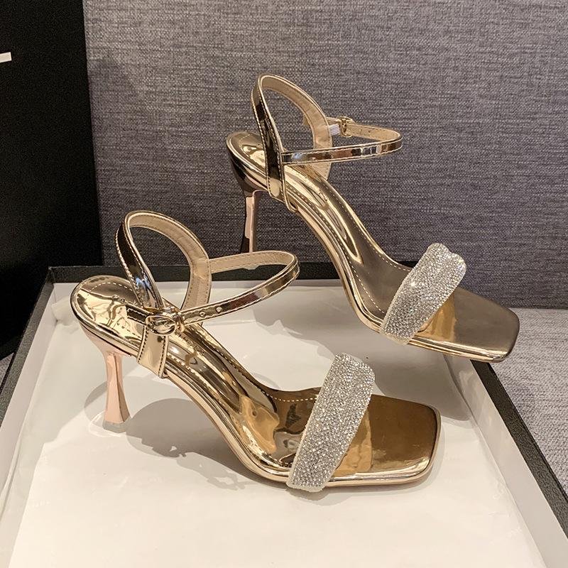 Fashion sandals 2025 summer Korean version fashion new square head rhinestone solid color buckle strap stiletto women's shoes