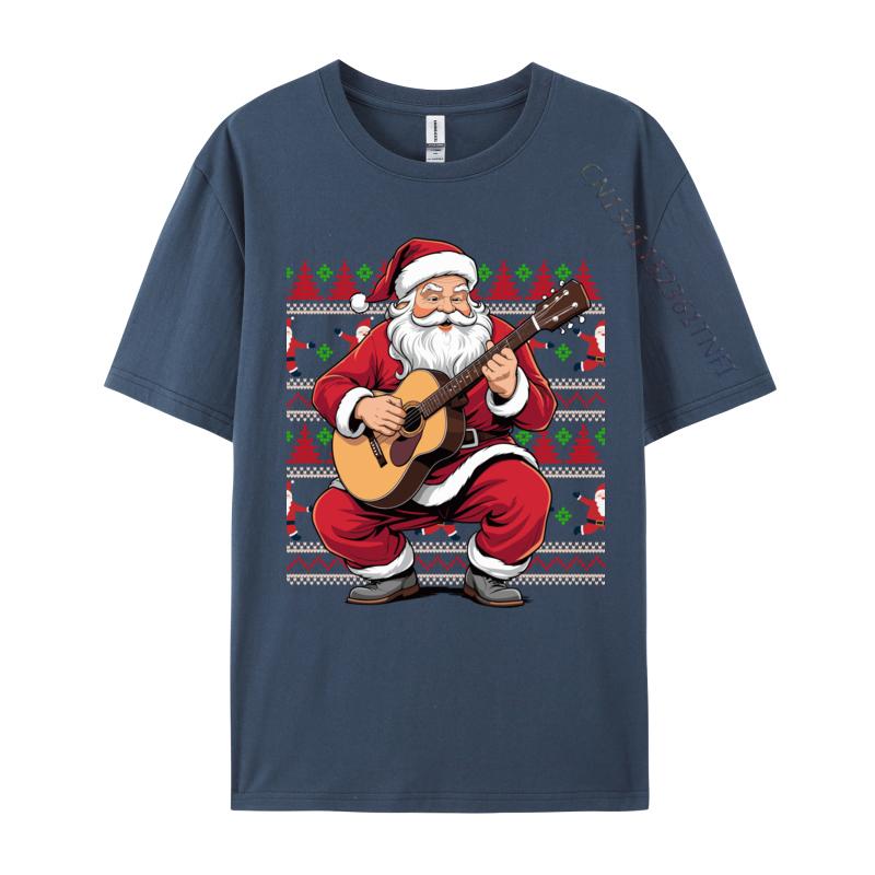 Santa Playing Guitar Funny Christmas Classic Guitar Santa T-Shirts Autumn 100% Cotton Top T-Shirts Student Tee Shirts