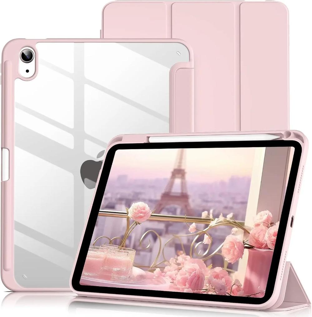 Voor iPad A16 Hoes 11e Generatie 11inch, iPad 10e 10.9inch Transparante Achterkant Cover Shell Tri-fold Stand met Penhouder iPad A16 11th 2025 roze