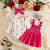 Girls' Floral Long Sleeve Romper & Cat Corduroy Overall Dress Set - Autumn/Winter