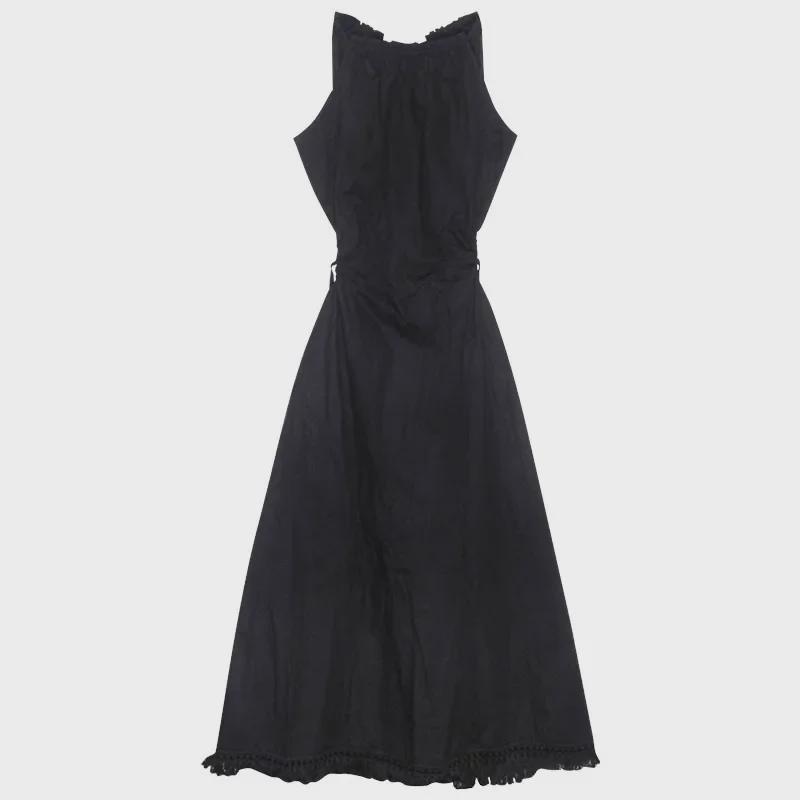 Damen Neckholder Quastenkleid: Hohle Taille, Bindegürtel, Slim Fit Langer Rock, Urlaubsstil.