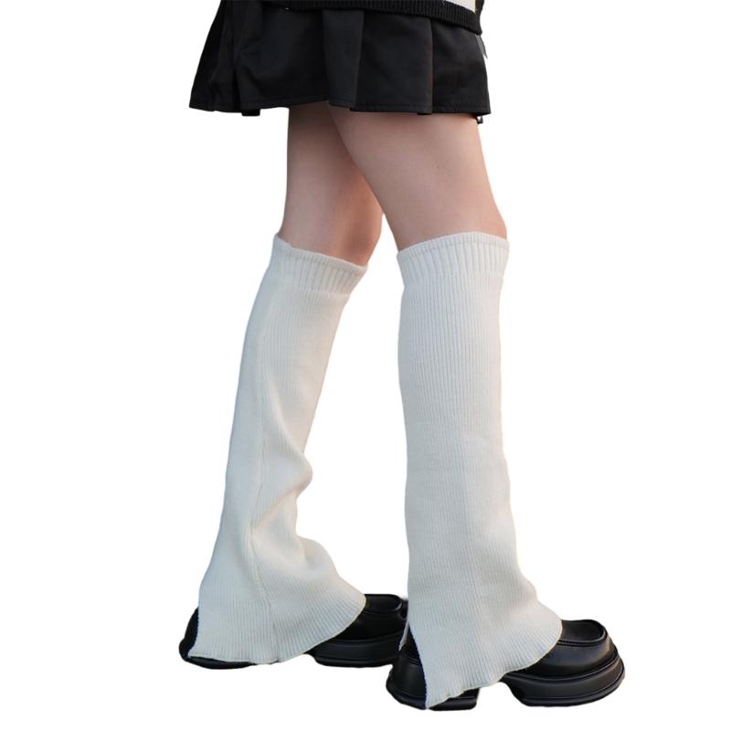 Winter Fall Knitted Leg Warmers Japanese Korean Style Wide Leg Cover Y2K Flared Split Knee High Long Socks for Women