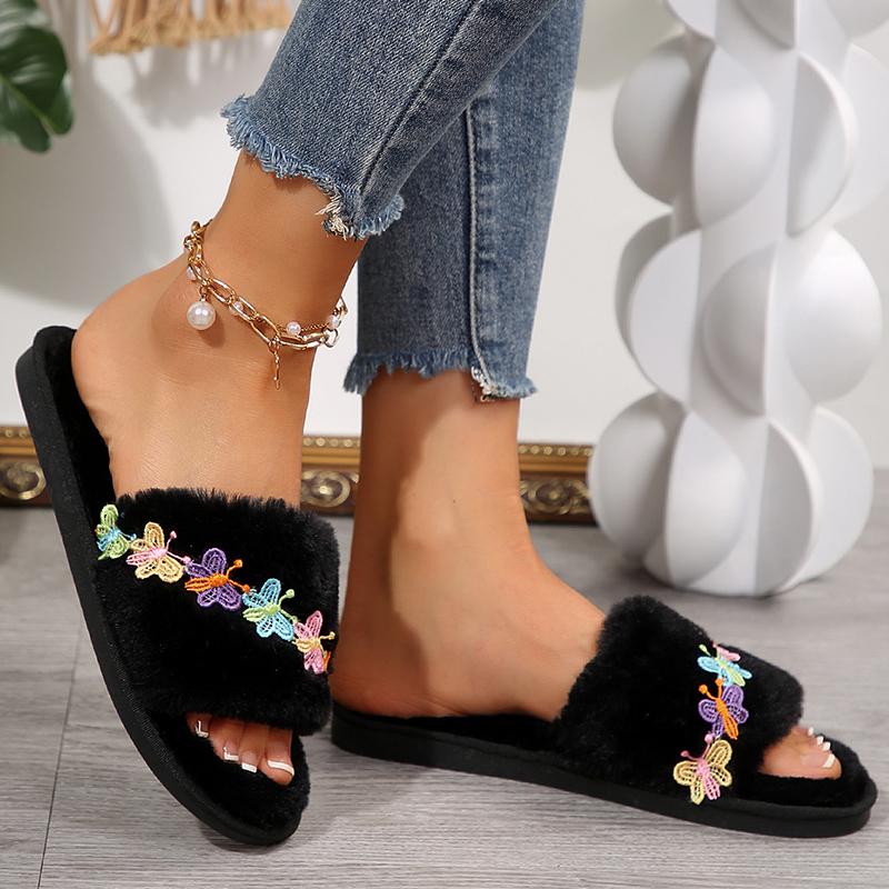 Fashion Embroidery Buttery Fur Slippers for Women Black Faux Fur Cotton Slippers Woman Winter 2025 Indoor Slip On Flat Heel Slides Mujer