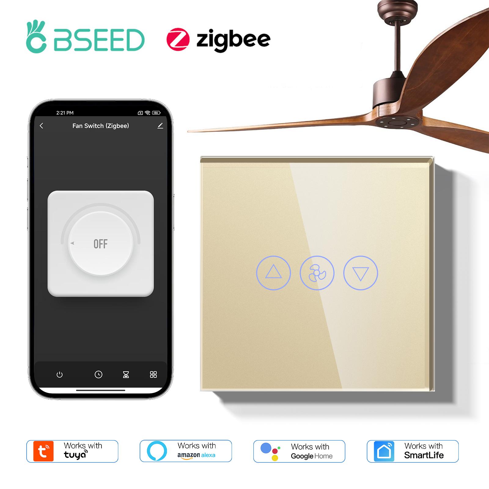

BSEED Zigbee Сенсорный выключатель для вентилятора Умный выключатель для потолочных вентиляторов Управление через приложение Tuya Smart Life Alexa Стеклянная панель Синяя подсветка Стандарт ЕС EU standard золотой