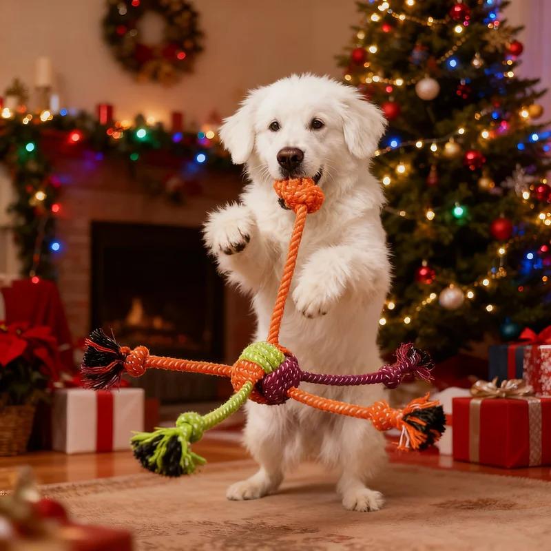 Christmas Themed Dog Rope Toy Multi-Leg Knots Interactive Tug of War Chew Toy for Aggressive Chewers Teeth Cleaning Puppy Chew