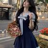 Summer new academic style fashion age reduction design bow fake two-piece dress female student A-shaped dress