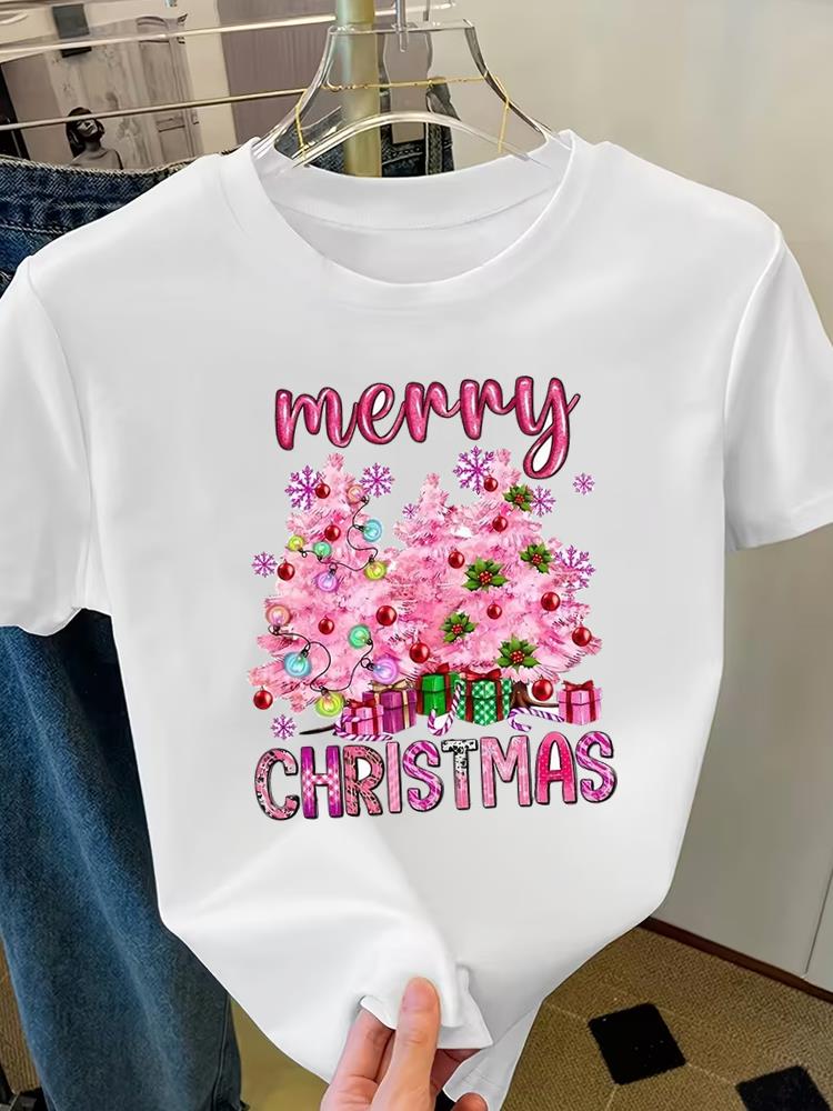 (Asian Size) Merry Christmas Fashion Short Sleeve T-shirts Plaid Tree 90s Women's Top O-neck T Shirt Print Casual New Year Clothing Graphic Tee