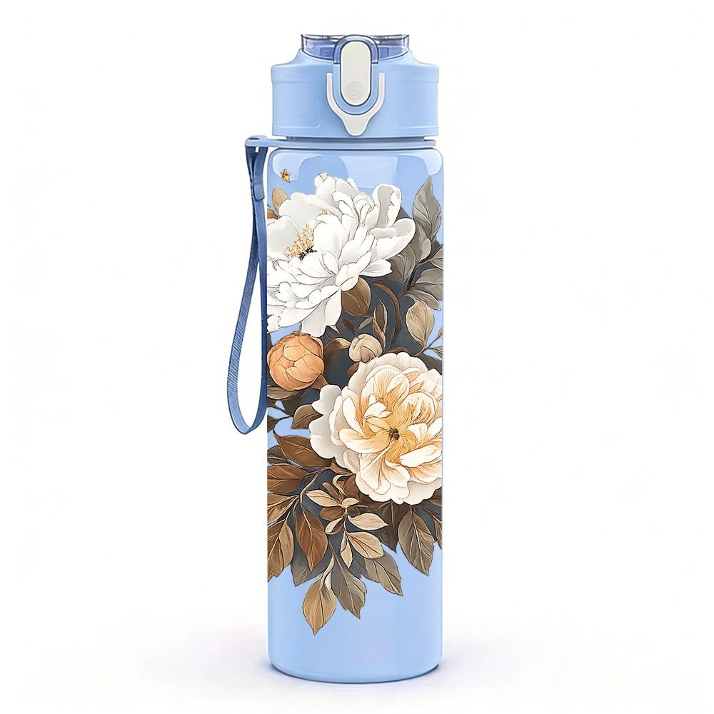 1PC Peony Rose Dried Bouquet Art Print 750ml Color Plastic Sports Water Bottle Leakproof Flip Straw Lid Suitable for Sports Office Home Use