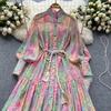 Women's Chiffon Print Dress: Stand Collar, Long Sleeve, Tie-Waist, Perfect for Spring & Autumn Vacations