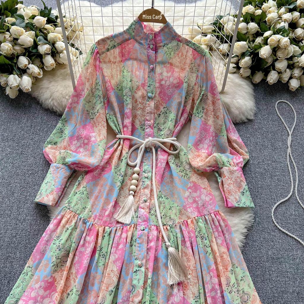 Women's Chiffon Print Dress: Stand Collar, Long Sleeve, Tie-Waist, Perfect for Spring & Autumn Vacations