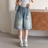 Ropa de Verano para Niños Pantalones Cortos de Mezclilla Adolescentes Niñas Estampado de Lazo Cintura Elástica Pierna Ancha Longitud Media Vaqueros Niños Casual Dulces Pantalones Cortos