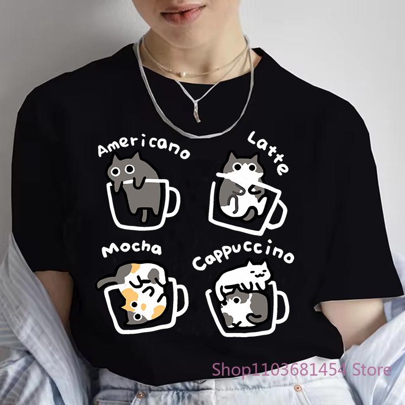 Female T Shirt Cat Coffee Pure Trendy Summer Slim Short Sleeved T-shirt Women Mocha Latte Cat Fun Cat Top Tees
