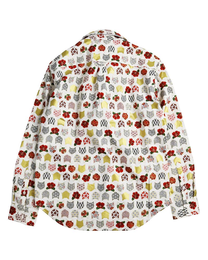Quintet Long Sleeve Cat and Floral Print Made In Hyakka Ryoran 10 Men's Japanese-Style Shirt, Japan, 11-70173 (M, White)