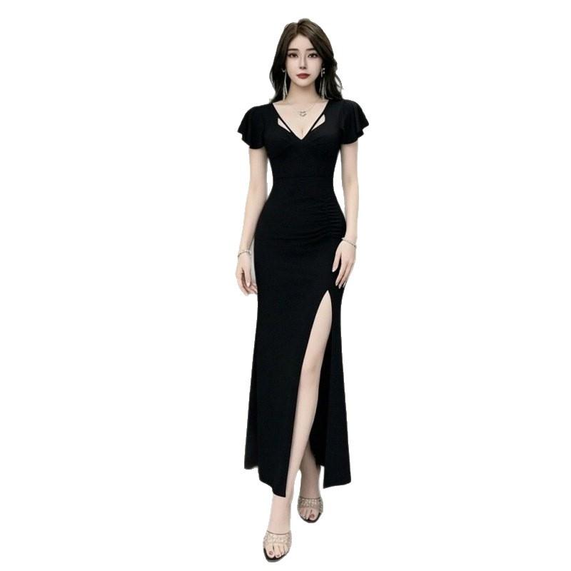 Sexy dress low cut sexy temperament KTV evening dress long foot bath technician split fork fishtail dress women