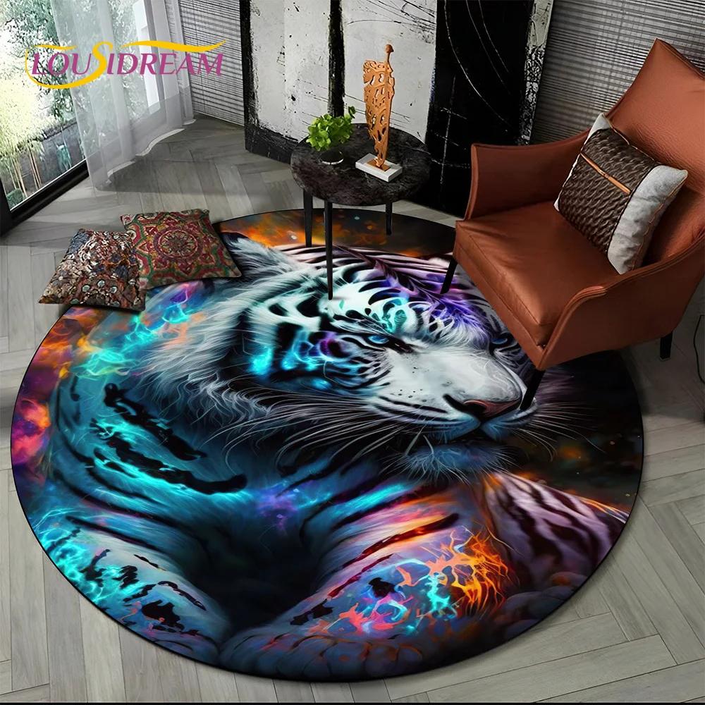 Animal Wildlife Cartoon Beast Tiger Lion Leopard Round Carpet Rug for Living Room Bedroom Child Decor,Pet Area Rug Non-slip Mat