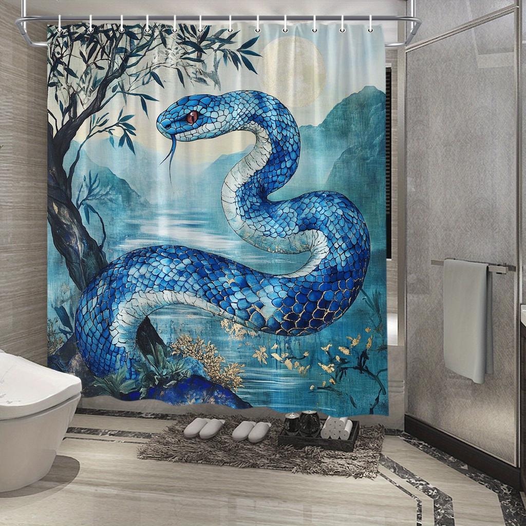 Majestic Blue Snake Shower Curtain - Intricate Scales, Misty Landscape Design, Polyester Fabric