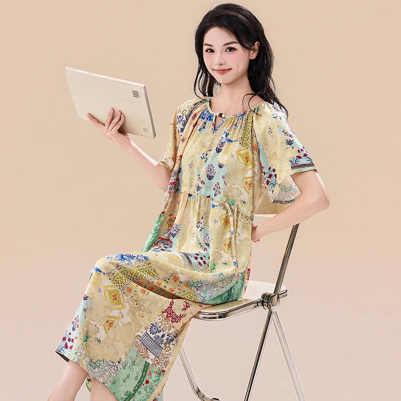 Korean Floral Lyocell-Cotton Silk Nightgown with Drawstring Waist and Short Sleeves