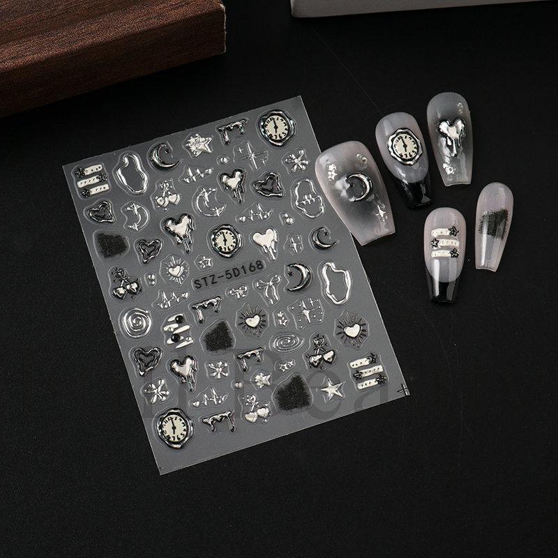 1PC embossed 5D liquid metal star, moon, and heart clock nail sticker, adhesive nail art sticker, holiday gift.