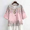 Damska Letnia Moda Koszula z Dekoltem V i Rękawem 3/4 Casual Luźny Krój Top z Wzorem Vintage