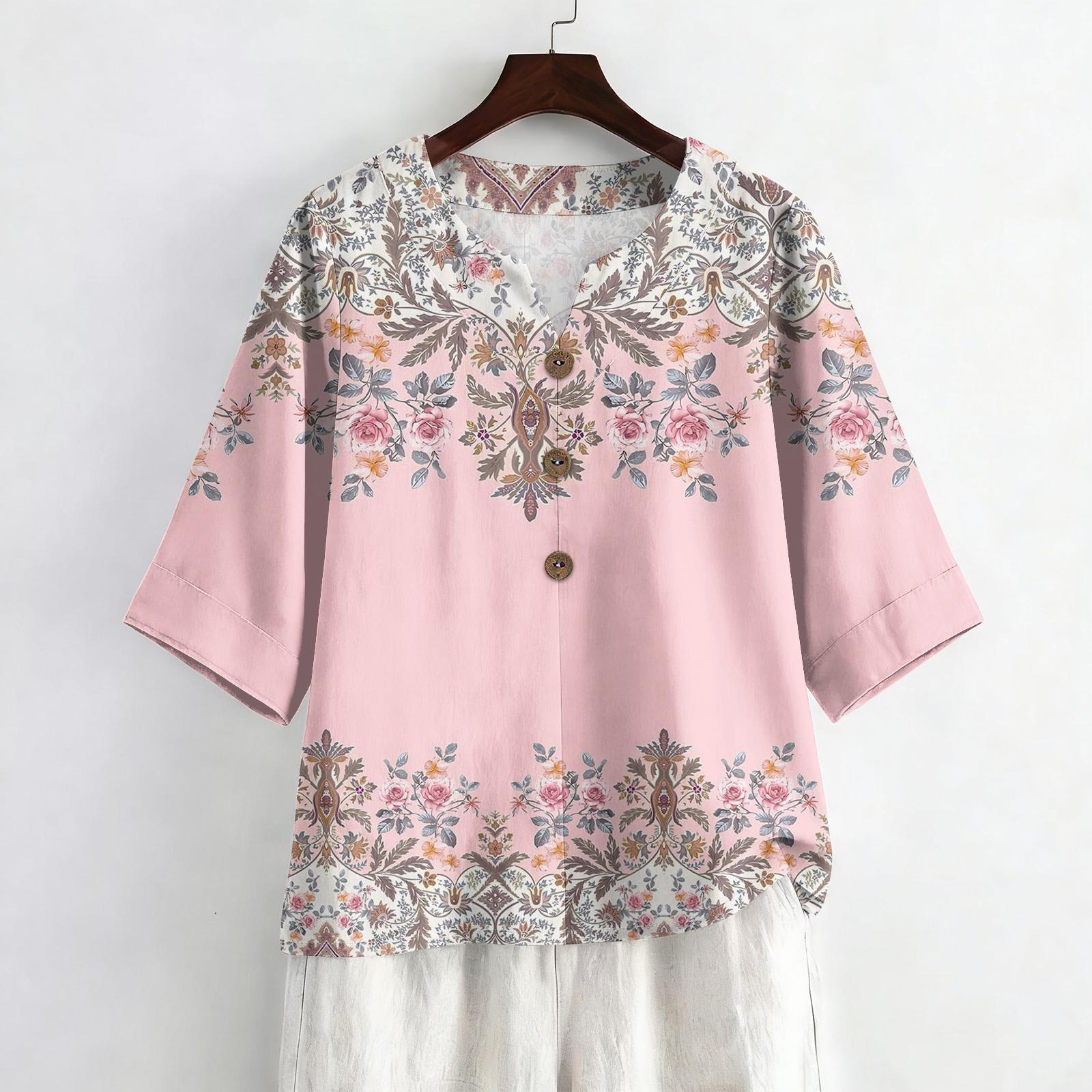 

Women s Summer Fashion V-Neck 3/4 Sleeve Shirt Casual Loose-Fit Vintage Print Top L рожевий