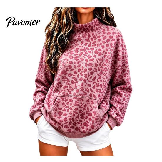 Warm Fall Clothing Women Leopard Print Sweatshirt, Mock Neck Long Sleeve Pullover with Sweatshirt Kangaroo Pocket, Drop Shoulder Casual Top for Winter