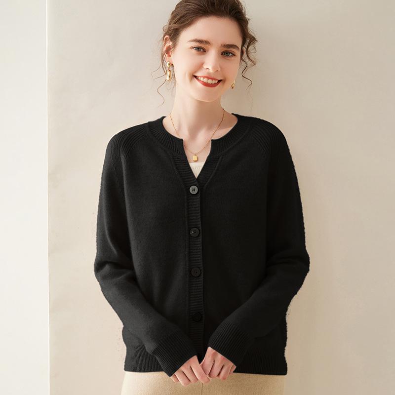 Women's Thick Cashmere Round Neck Raglan Sleeve Sweater Cardigan - Loose Fit, Autumn/Winter Versatile Outerwear