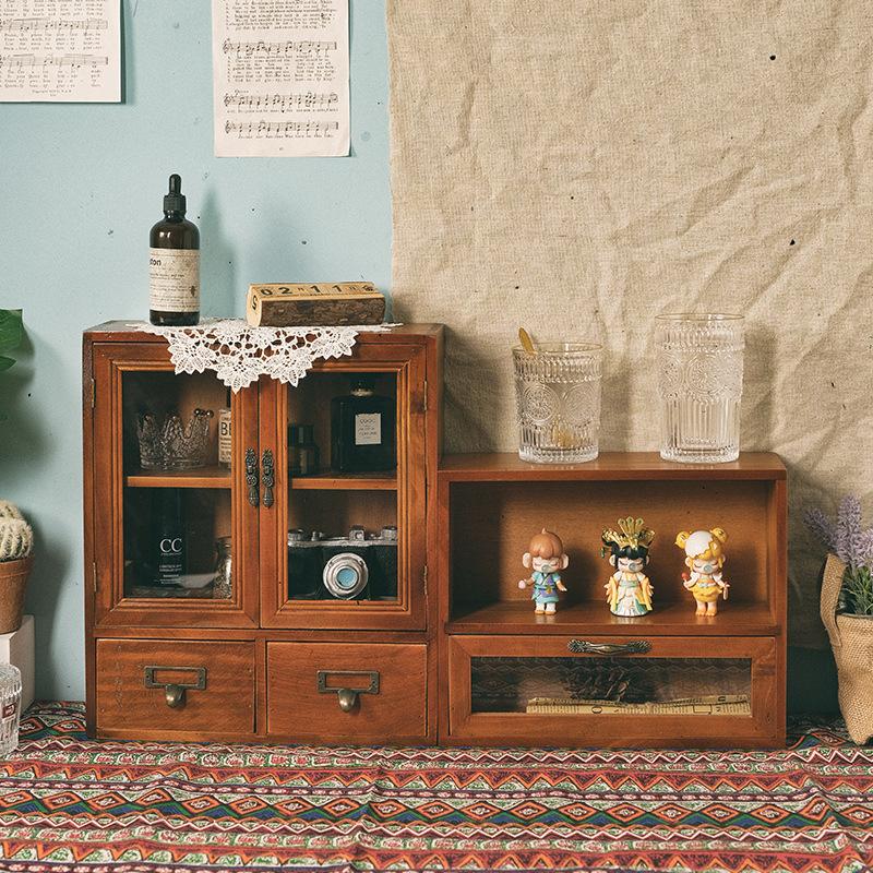 Vetrina a doppia anta in legno massello nordico stile retrò armadietto portaoggetti per articoli vari cosmetici cassetto scatola portaoggetti da scrivania