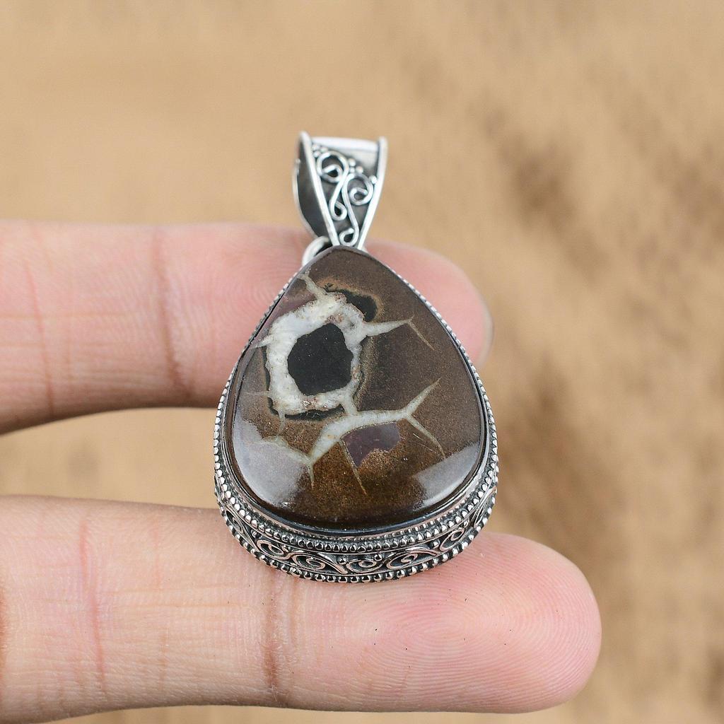 925 Silver Pear Moroccan Mud Crack Fossil Stone Wife Vintage New Pendant Jewelry