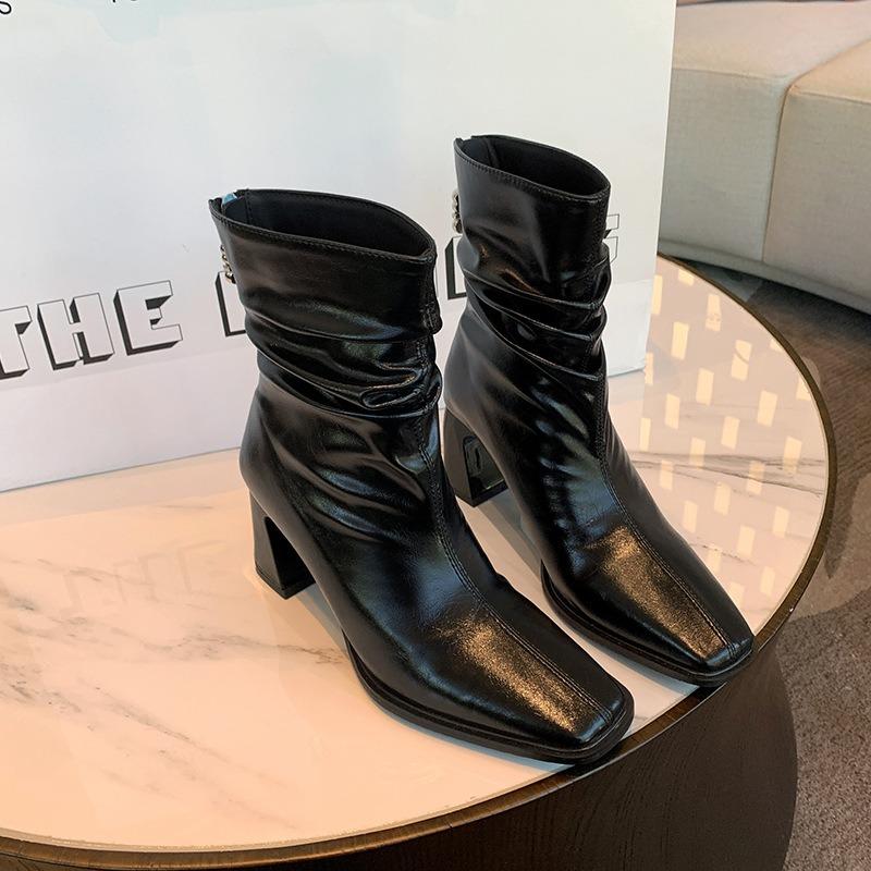 Thick legs widened large tube circumference short boots women's autumn and winter new pleated square head high heel large size women's shoes