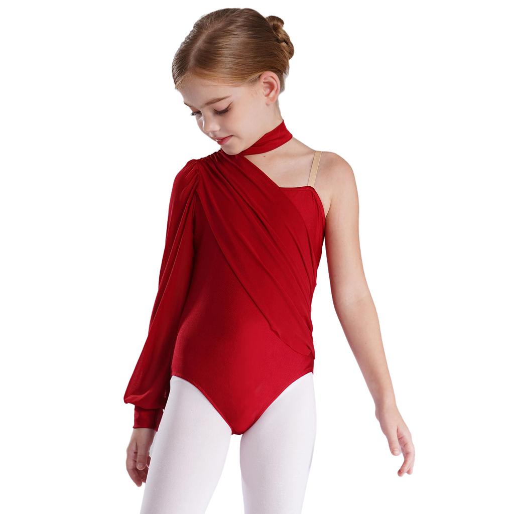 Jenter Ene Skulder Danse Drakotard Sceneopptredelseskostyme Mock Neck Langermet Rynket Nettoverlegg Bodysuit for Barn Gymnastikk