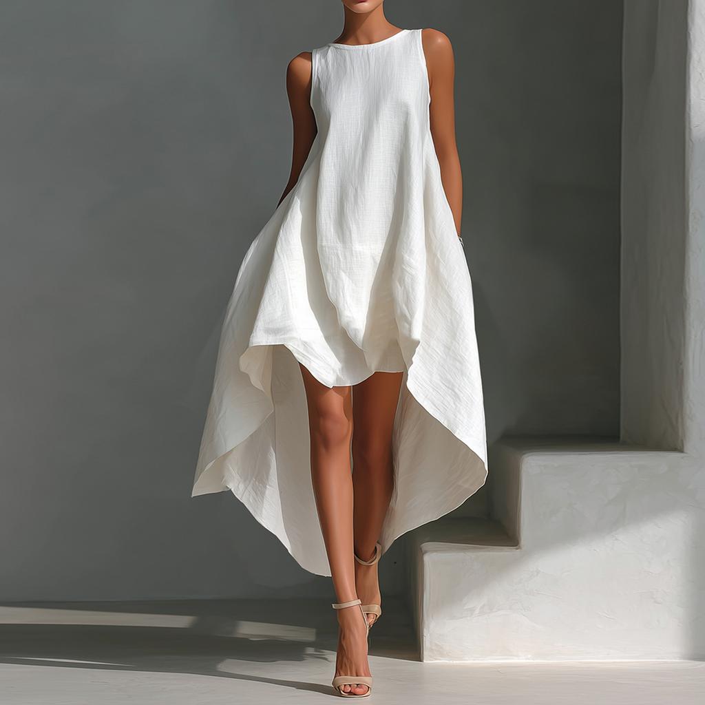 Women's Color Cotton Linen Irregular Sleeveless Dress With Short Front And Long Back