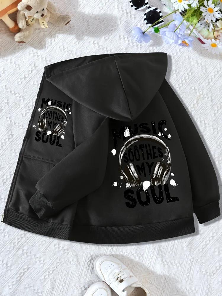 Kids Zip Up Hooded Jacket Headphones Music Soothes My Soul Letter Graphic Long Sleeve Casual Hoodie For Boys Girls Daily Street
