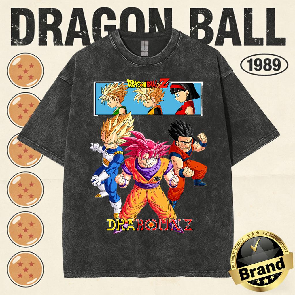 Summer Fashion Dragon Ball Vintage T-Shirt Men 100%Cotton Washed Retro Tops Print Heavyweight Oversized Family Matching Tee