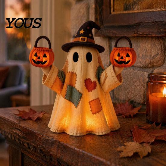 Cute Wizard Hat Desk Decorations Lighted Vintage Patchwork Ghost, LED Light Up Ghost with Pumpkin Lantern, Spooky Small Apartment