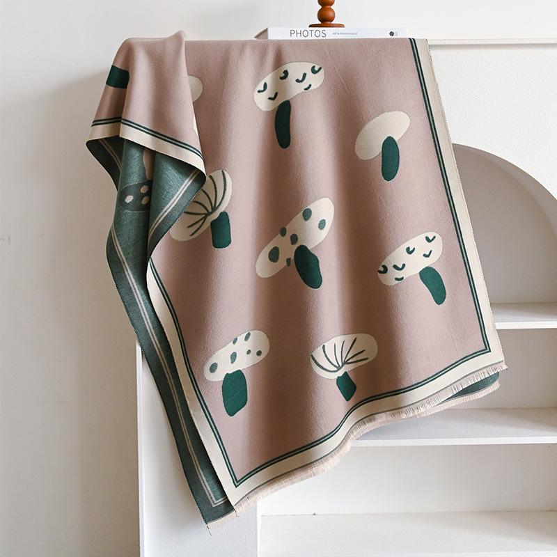 Cartoon Small Mushroom Print Cute Double-Sided Women'S Imitation Cashmere Warm Scarf Small Fresh Air Conditioner Shawl