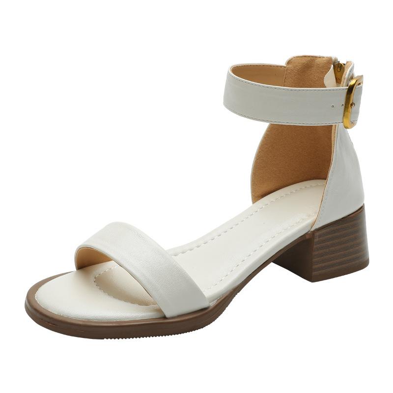 Retro one-word with open-toed white sandals 2025 summer new women's shoes thick heel medium heel rear zipper high heel sandals