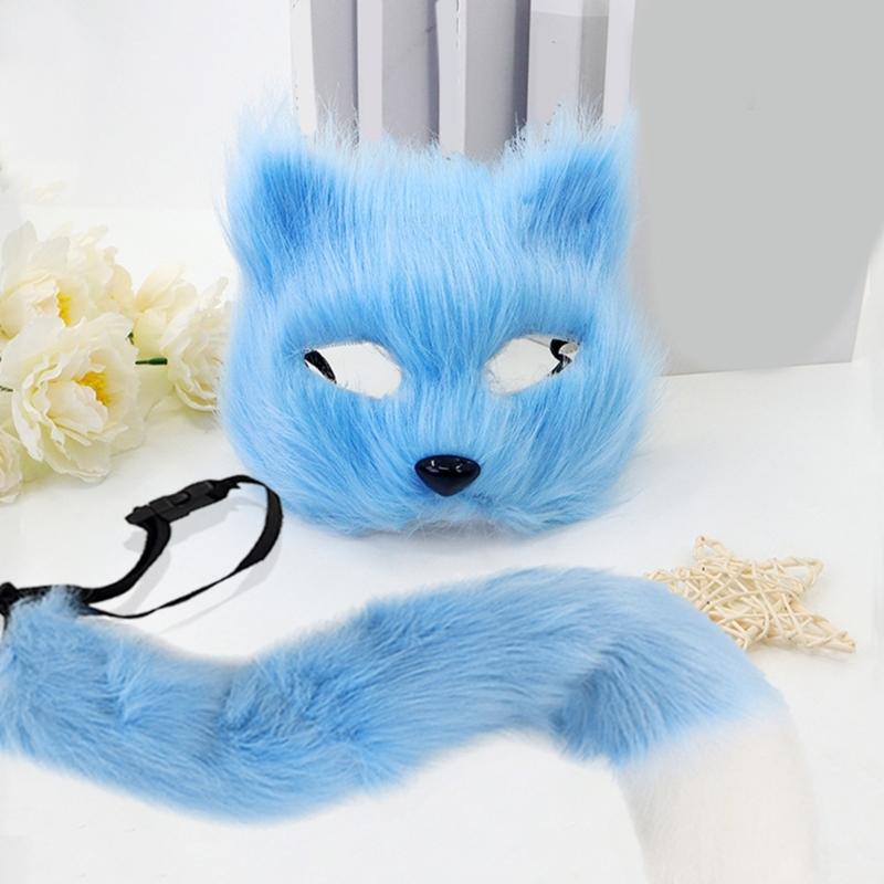 Foxes Costumes Cosplay Foxes Mask Cats Half Face Mask Foxes Tail Set Halloween Animal Fancy Costume Accessories Kit