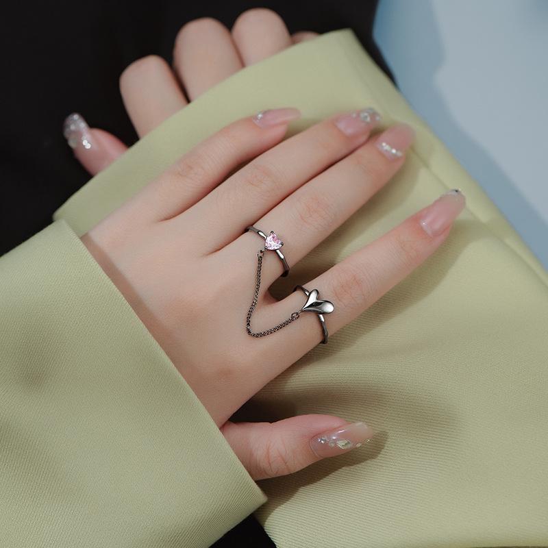 Banyan Tree S925 Silver Double Love Ring: Cold Style Open Index Finger & Chain Trend for Women