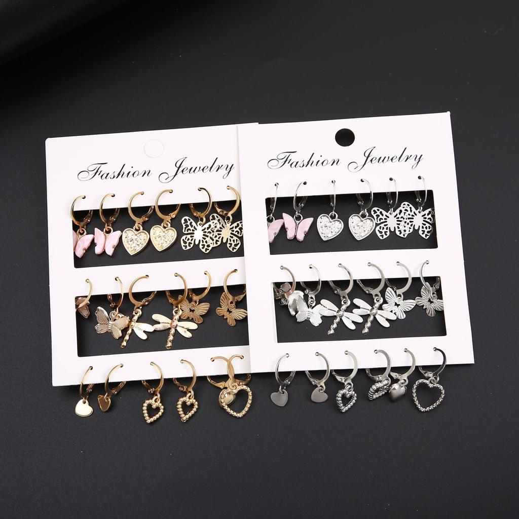 9 Pcs Cute Butterfly Heart Drop Earrings Set Fashion Gold Silver Color Girls Geometric Metal Acrylic Earrings 2026 Jewelry Gifts