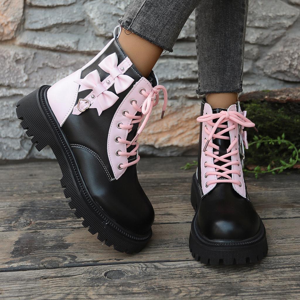 Fashion Women Ankle Boots 2024 New Butterfly Knot Women Boots High-top Lace-up Motorcycle Boots Fashion Student Platform Shoes Women