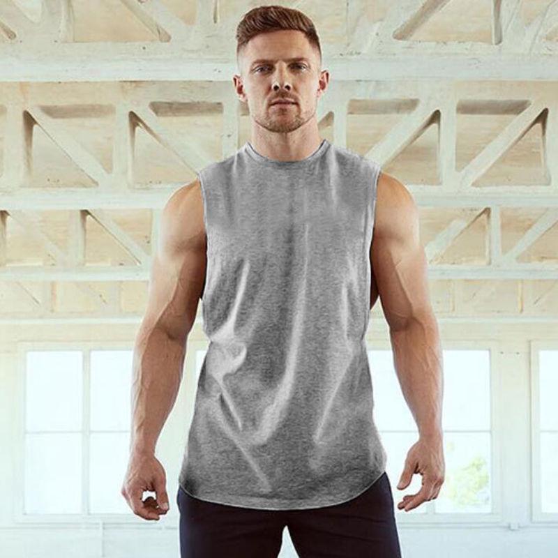 Maiou de fitness pentru bărbați, culoare uni - Larg, fără mâneci, cu șliț înalt, bumbac