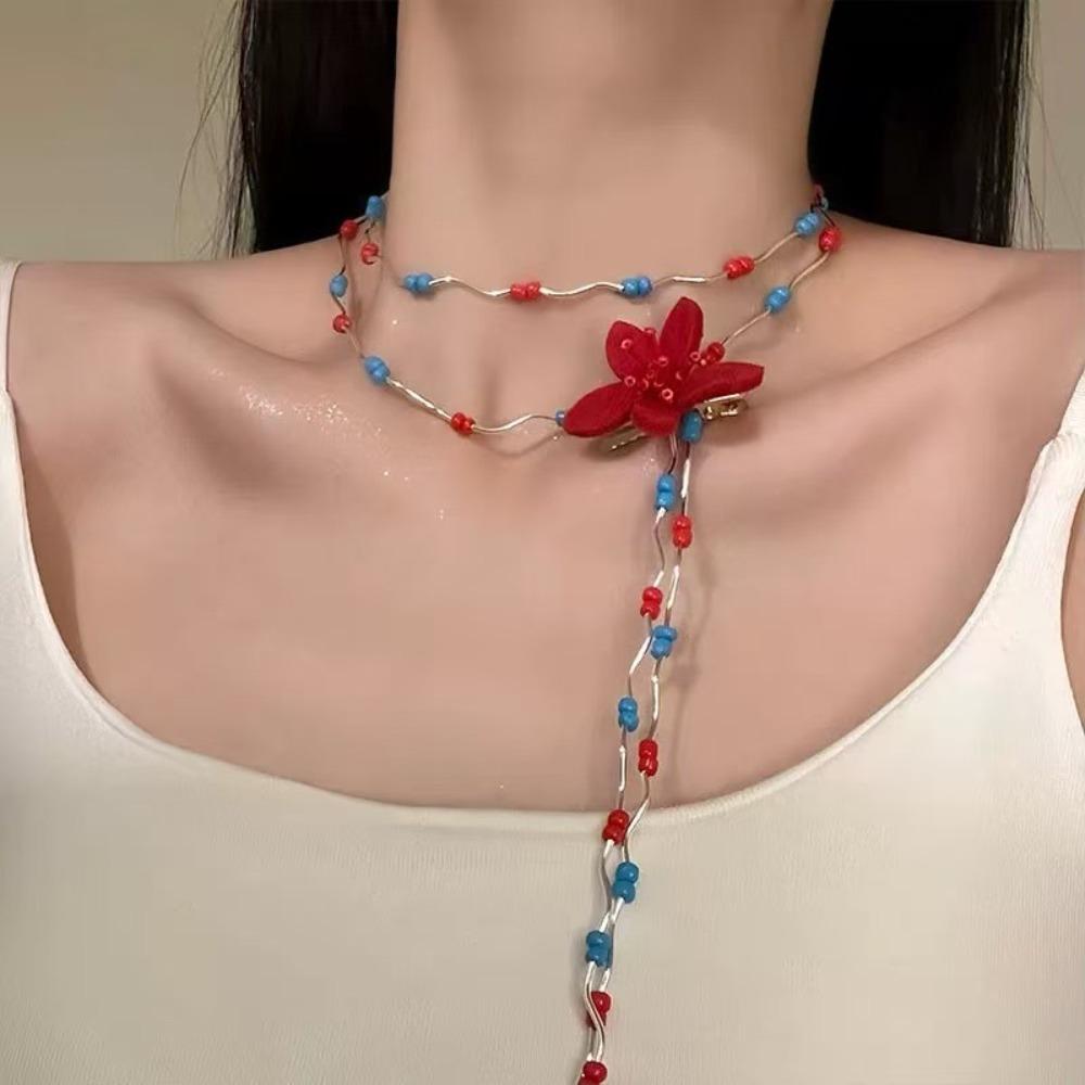 Contrasting Color Collarbone Chain High-end Women's Necklace Elegant Beaded Flower Necklace  Women