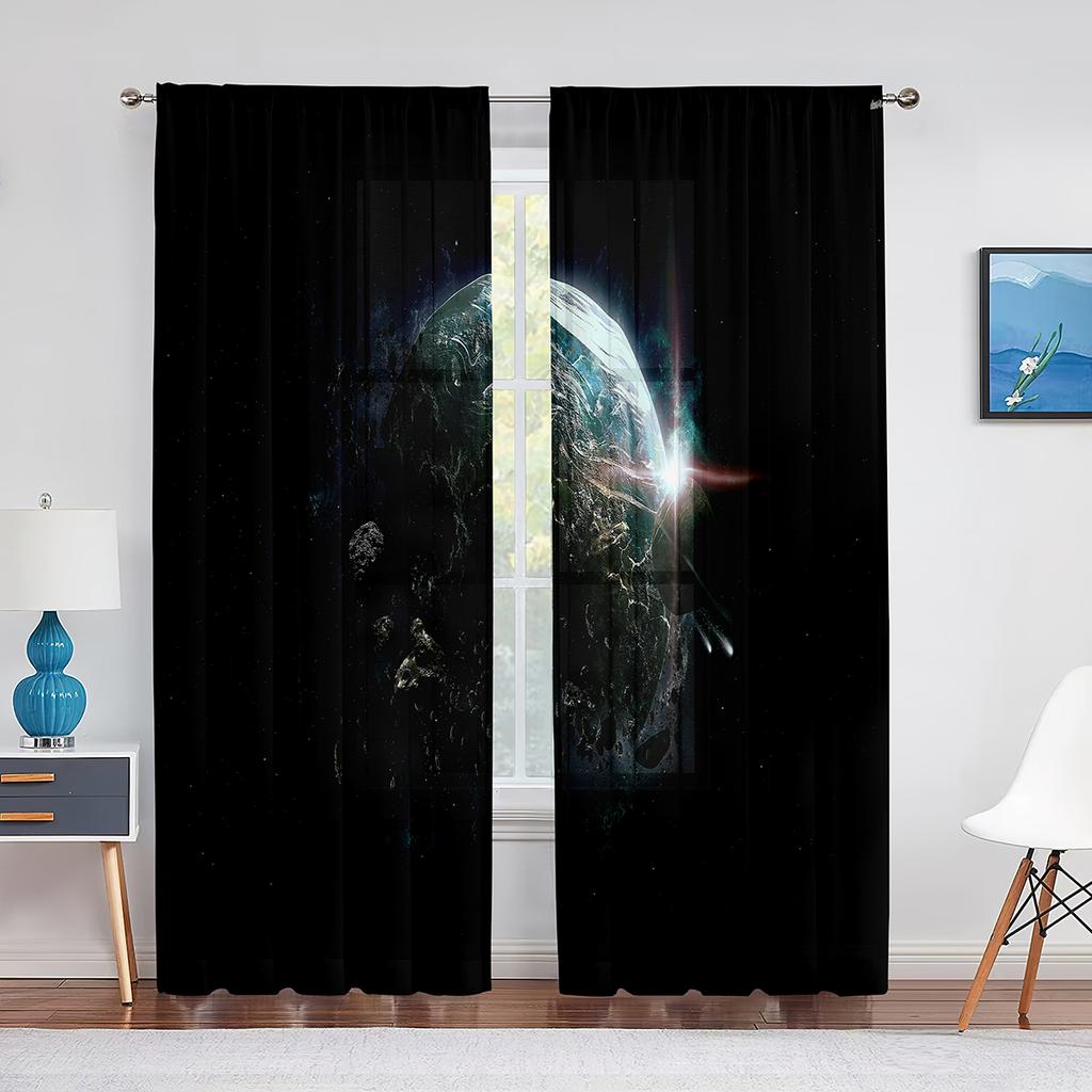 Galaxy Tulle Curtains Blue Red Planets Orbital Ring Stars Outer Space Sheer Voile Curtain for Living Room Bedroom Kitchen Decor