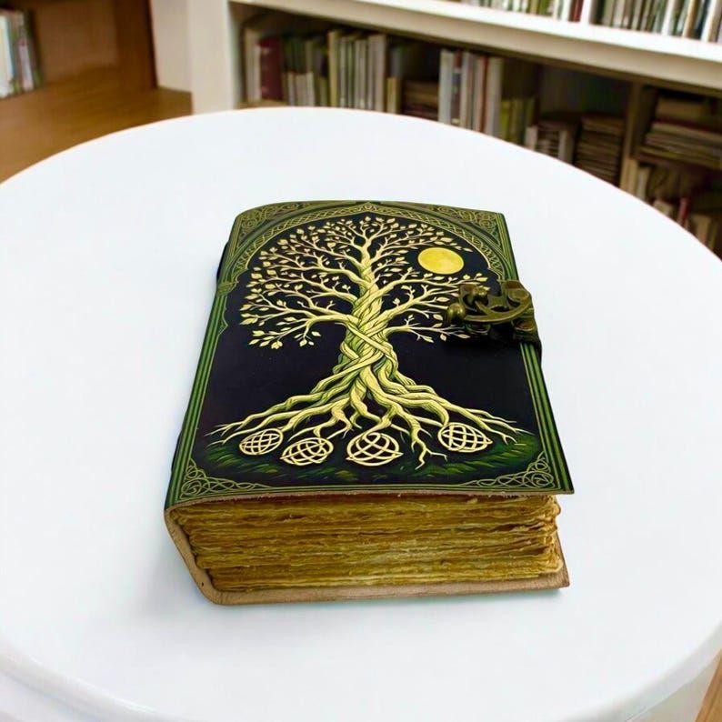 200 Page Large Grimoire Vintage Leather Journal, Tree of Life Fat Journal, Blank Spell Book of Shadows Celestial Gifts For Him Her