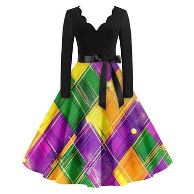 Damska Codzienna Moda Dekolt V Długi Rękaw Drukowana Sukienka Długa w Stylu Vintage