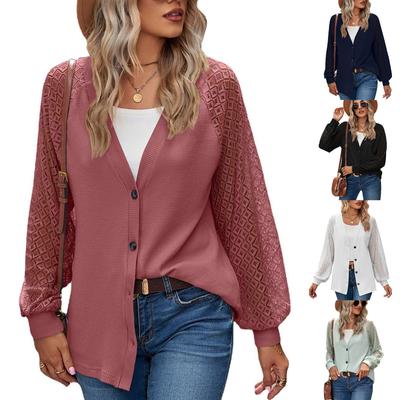 2024 European And American Autumn And Winter Long Sleeved Solid Color Loose Button Lace Patchwork Cardigan Top For Women