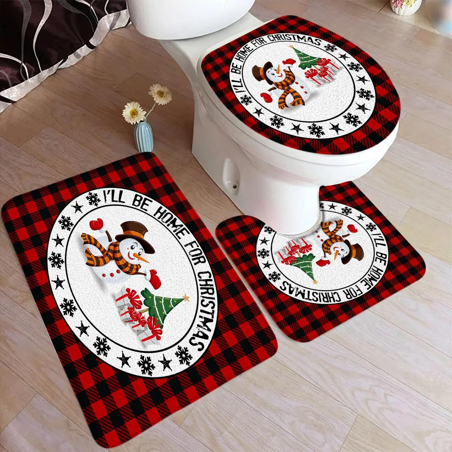3-delige Merry Christmas Badmat Set Kerstboom Rood Winter Nieuwjaar Toiletdeksel Voetkleed Antislip Badkamer Accessoireset 45X75CM