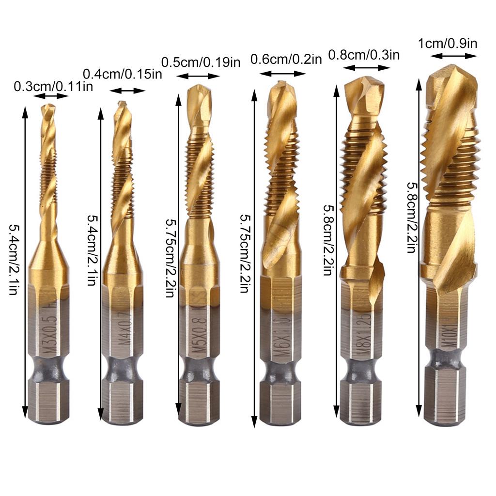 6pcs Metric Thread M3-M10 Titanium Coated HSS Drill and Tap Bits 1/4" Hex Shank Screw Taps Tool Set